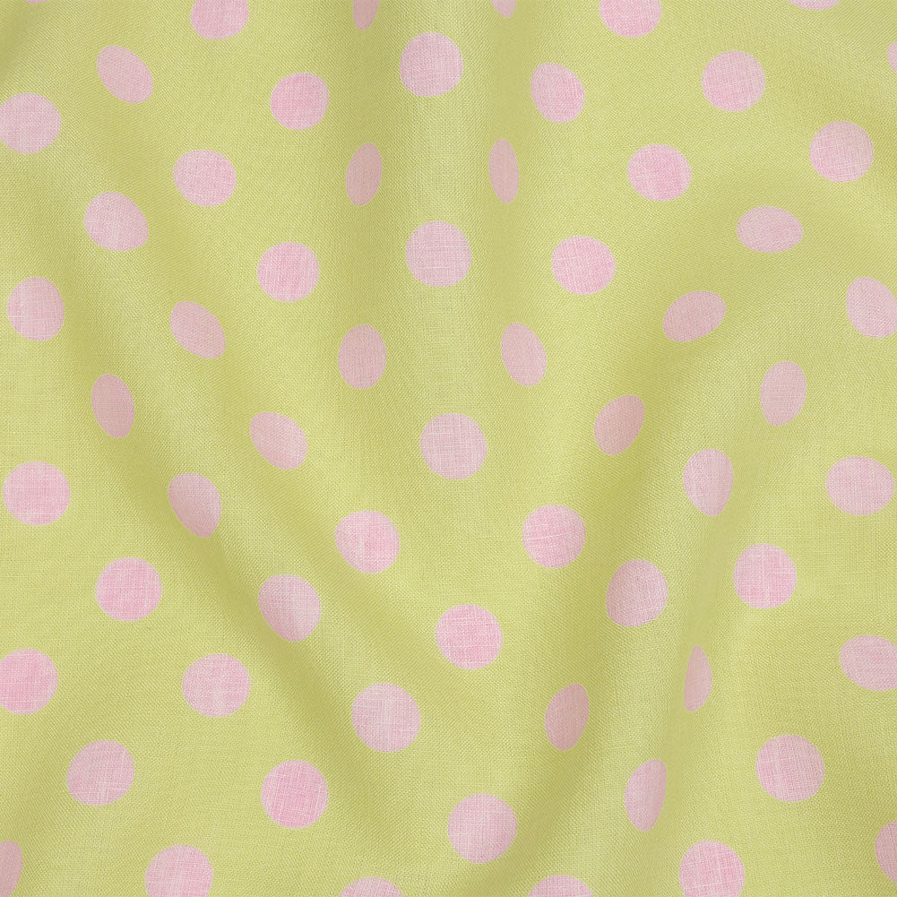 Lime and Pink Polka Dots Medium Weight Linen Woven