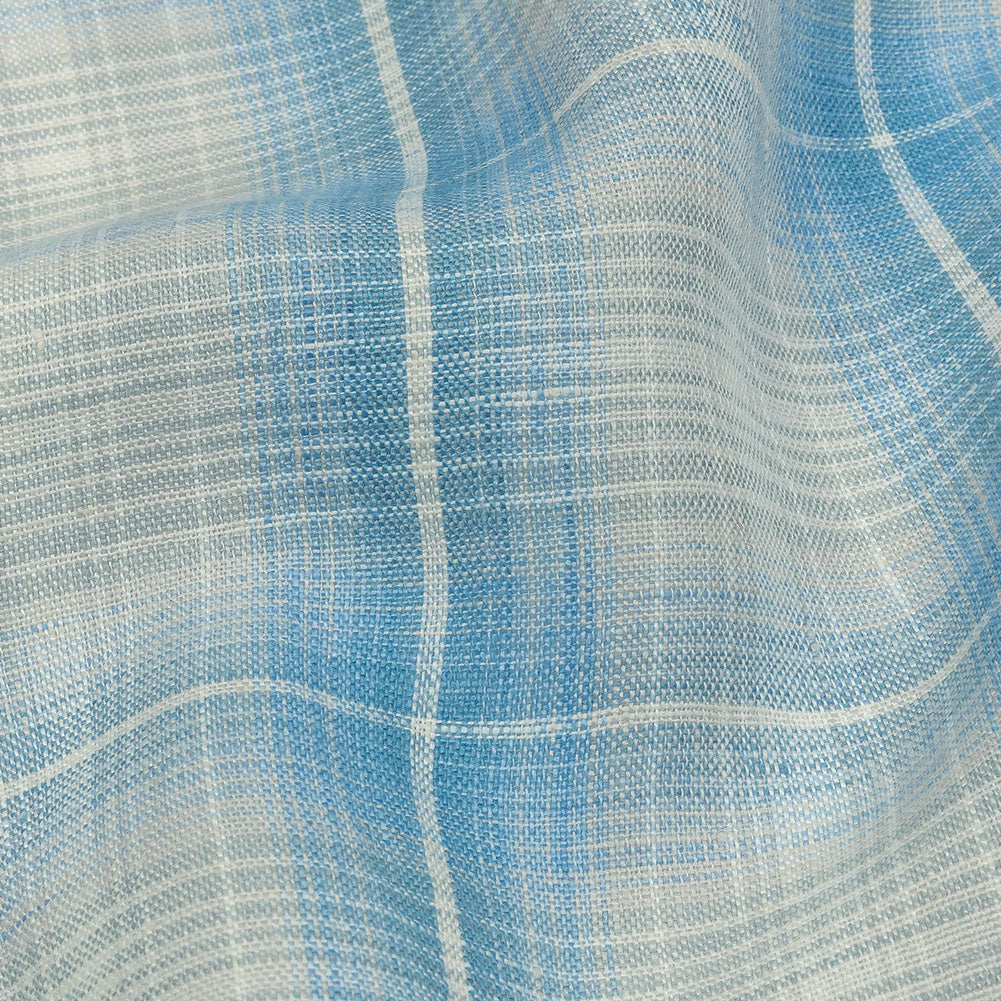 Sky and Pale Gray Plaid Lightweight Linen Woven - Detail
