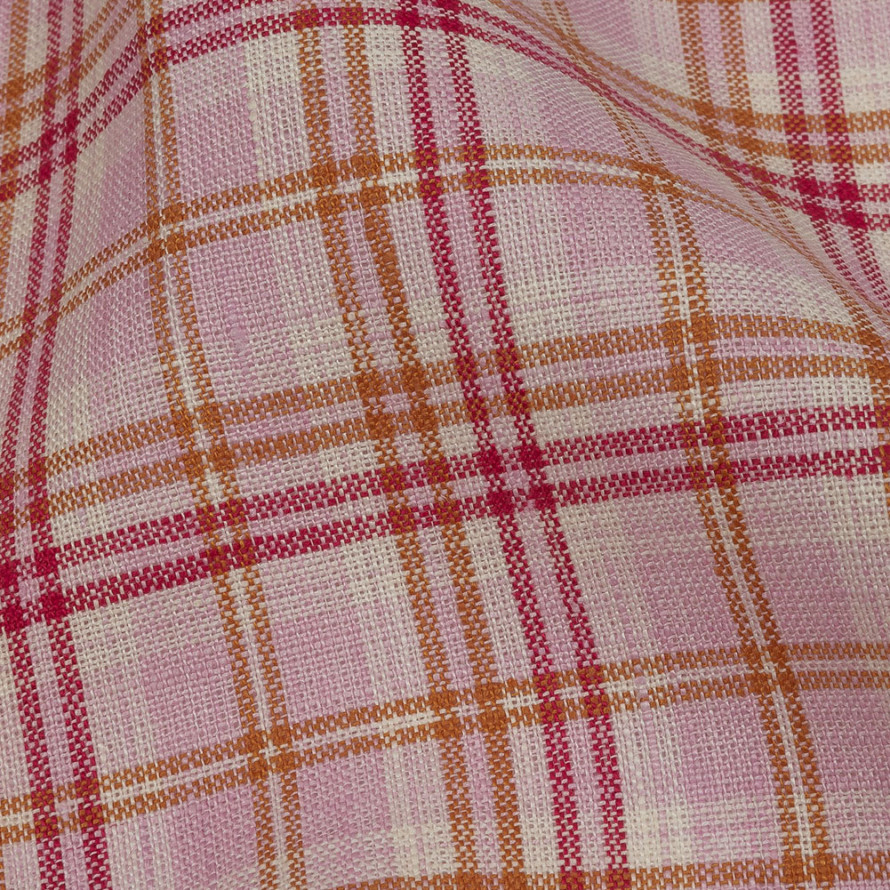 Pink, Orange and Cream Plaid Lightweight Linen Woven