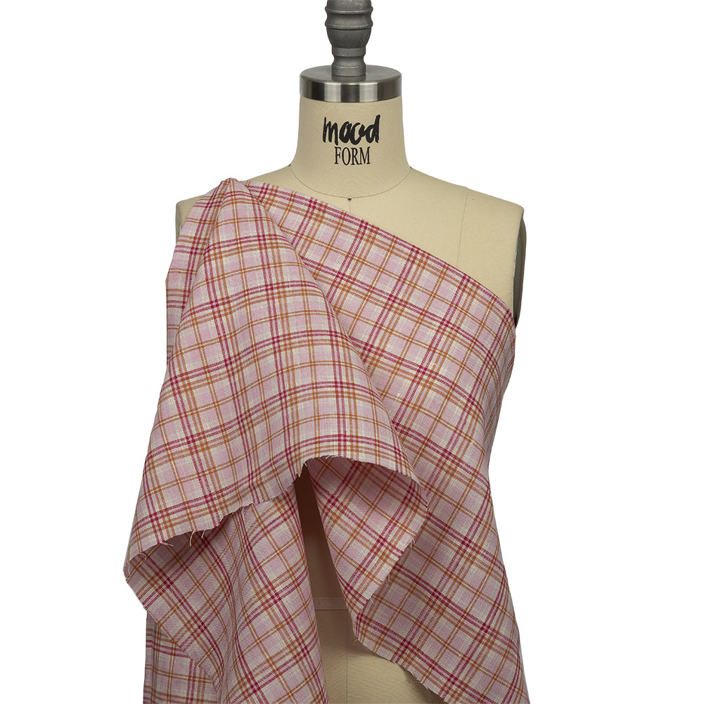 Pink, Orange and Cream Plaid Lightweight Linen Woven