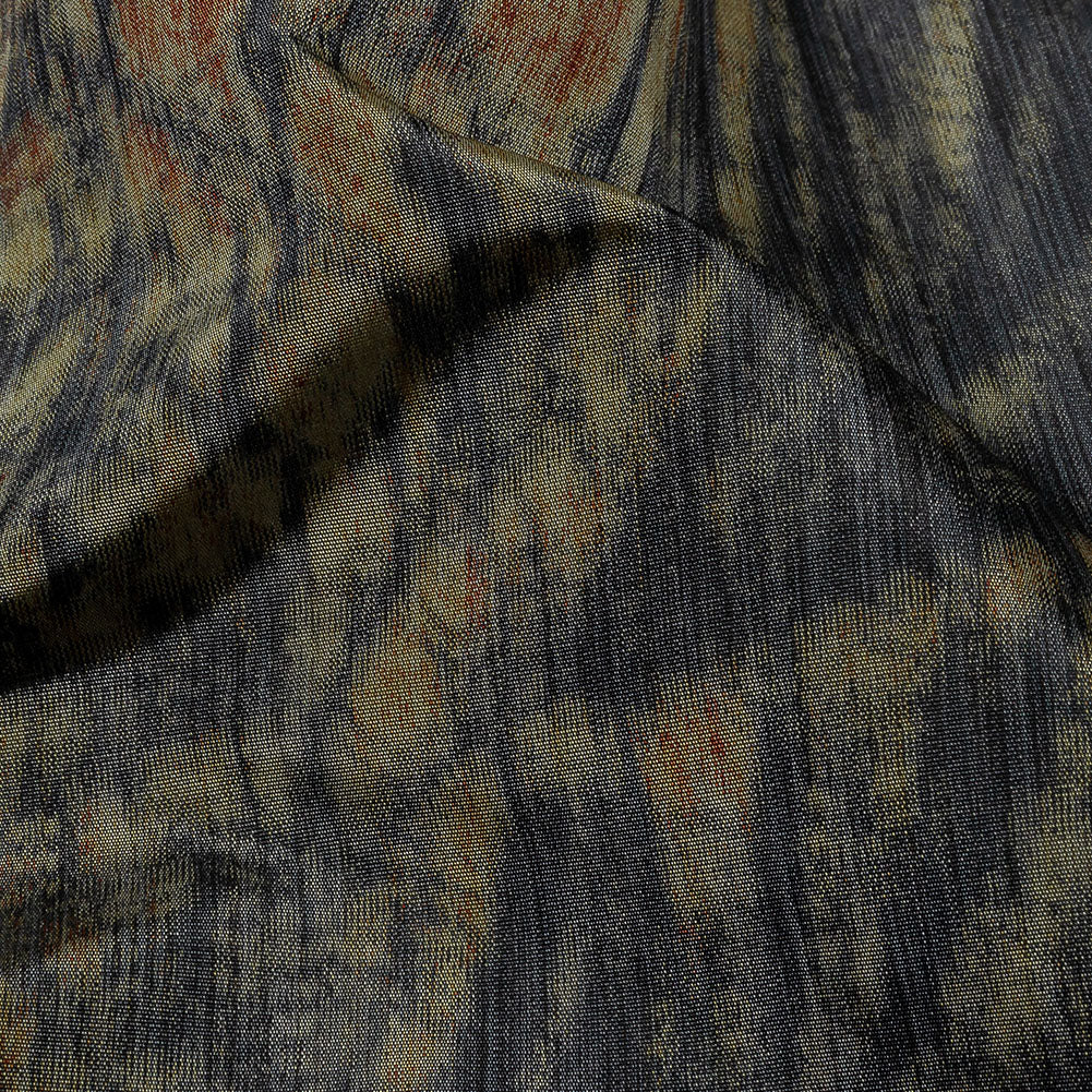 Italian Olive, Orange and Black Abstract Warp Printed Polyester Faille Detail