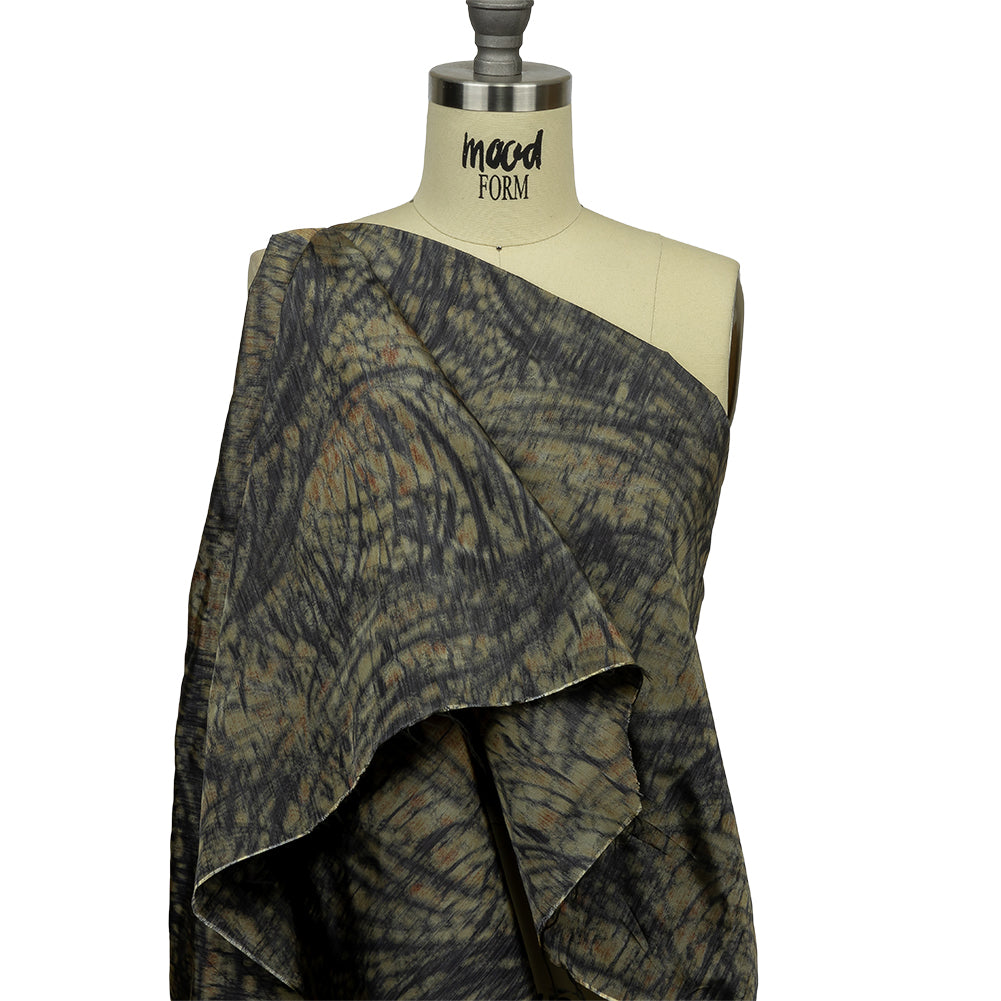 Italian Olive, Orange and Black Abstract Warp Printed Polyester Faille Drape