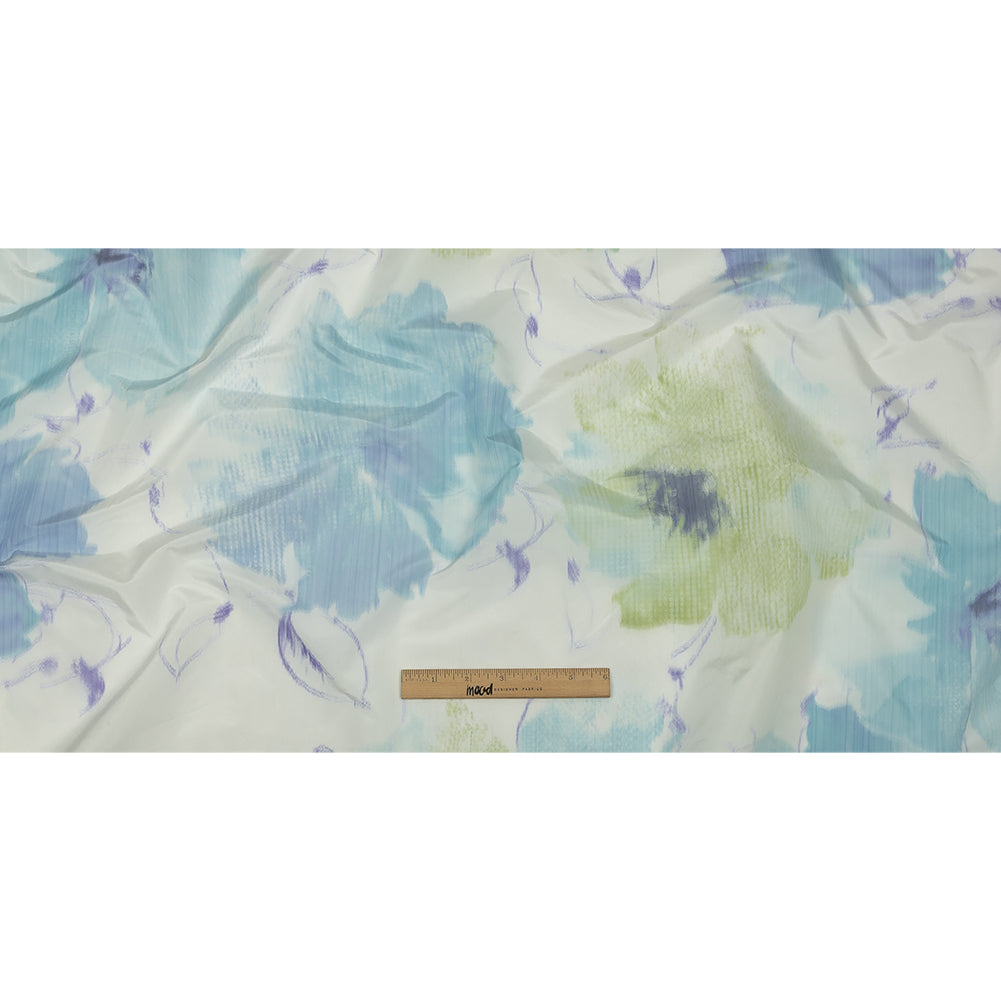 Italian Sky, Lime and Barely Blue Watercolor Flowers Warp Printed Polyester Faille Full