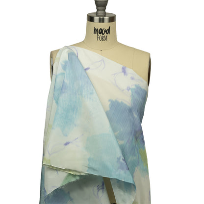 Italian Sky, Lime and Barely Blue Watercolor Flowers Warp Printed Polyester Faille Drape
