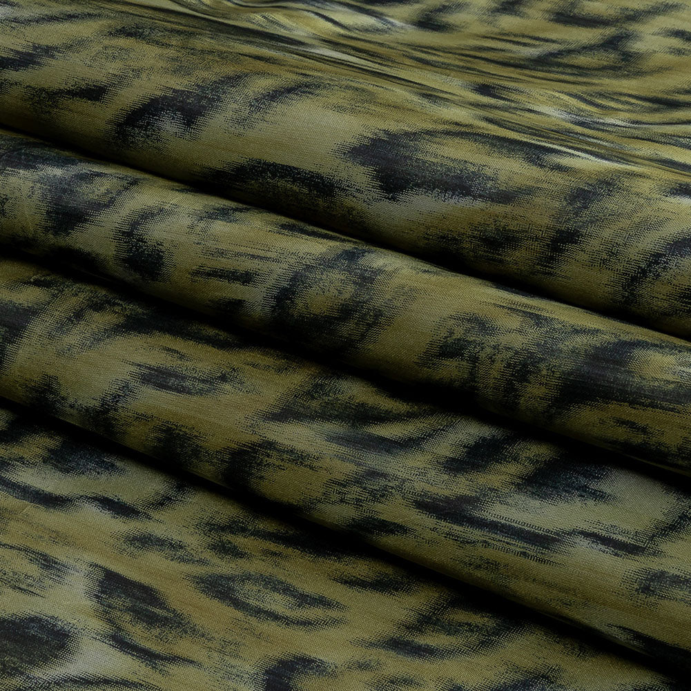 Italian Olive Green and Blue Graphite Spotted Warp Printed Polyester Faille Folded