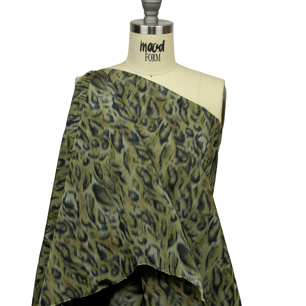 Italian Olive Green and Blue Graphite Spotted Warp Printed Polyester Faille Drape