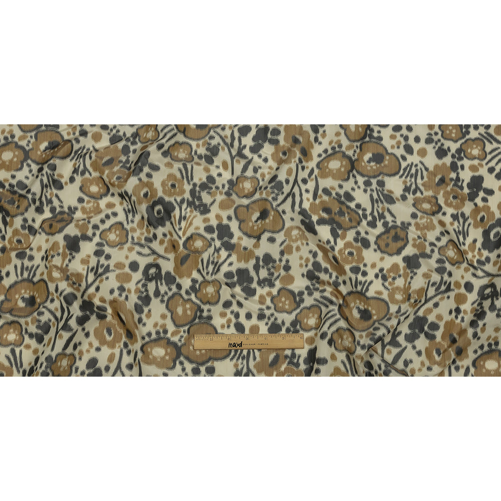 Italian Tan, Beige and Basalt Floral Warp Printed Polyester Faille Full