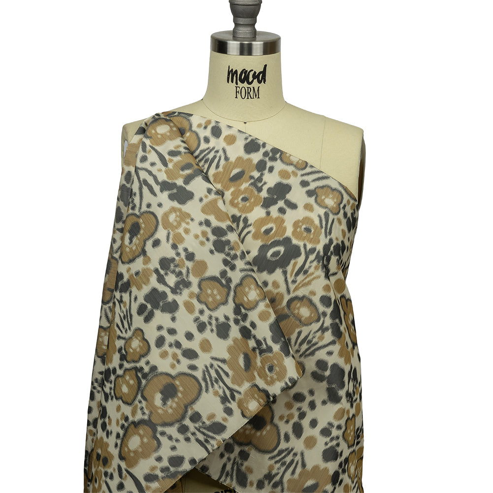 Italian Tan, Beige and Basalt Floral Warp Printed Polyester Faille Drape