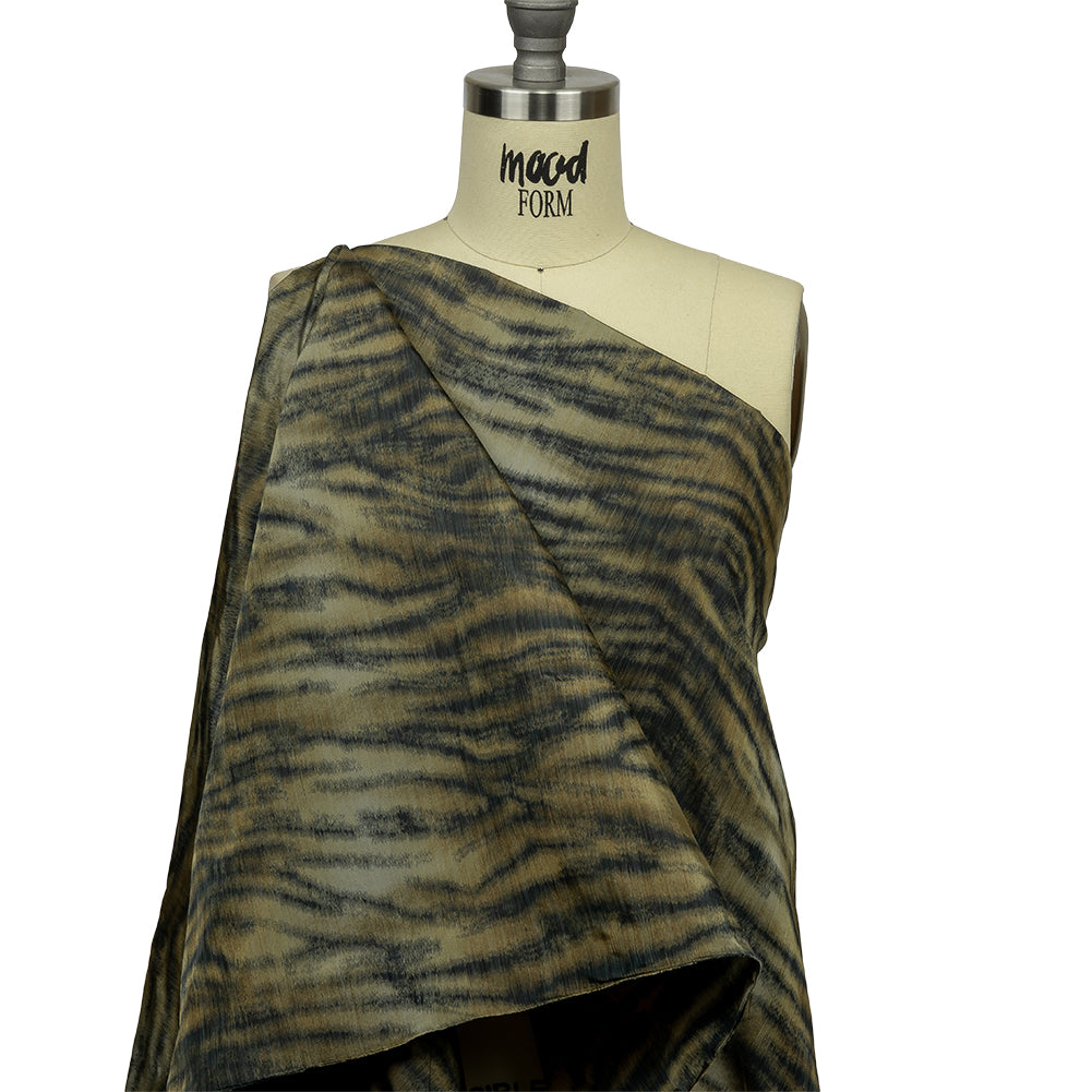 Italian Golden Olive and Black Tiger Stripes Warp Printed Polyester Faille Drape