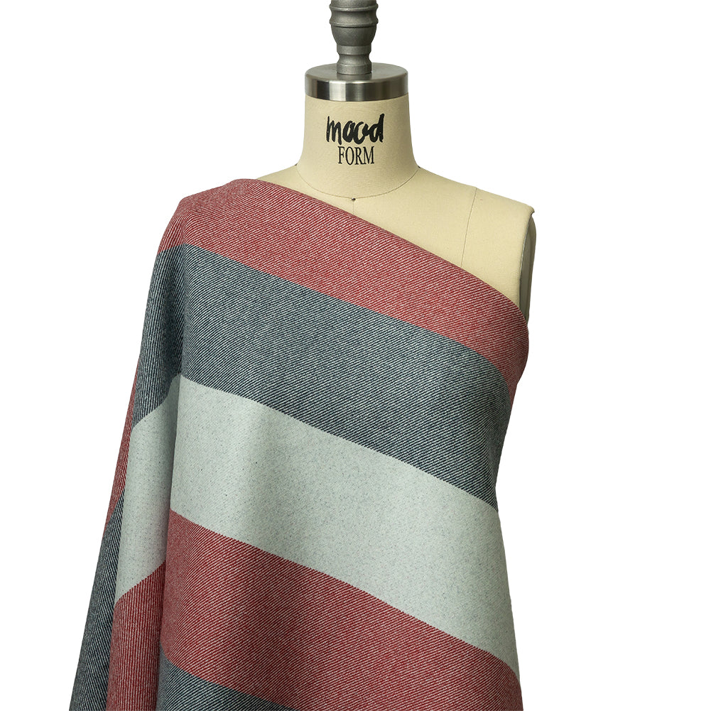 Famous Designer Red, White and Navy Stripes Brushed Twill Double Cloth Coating - Drape