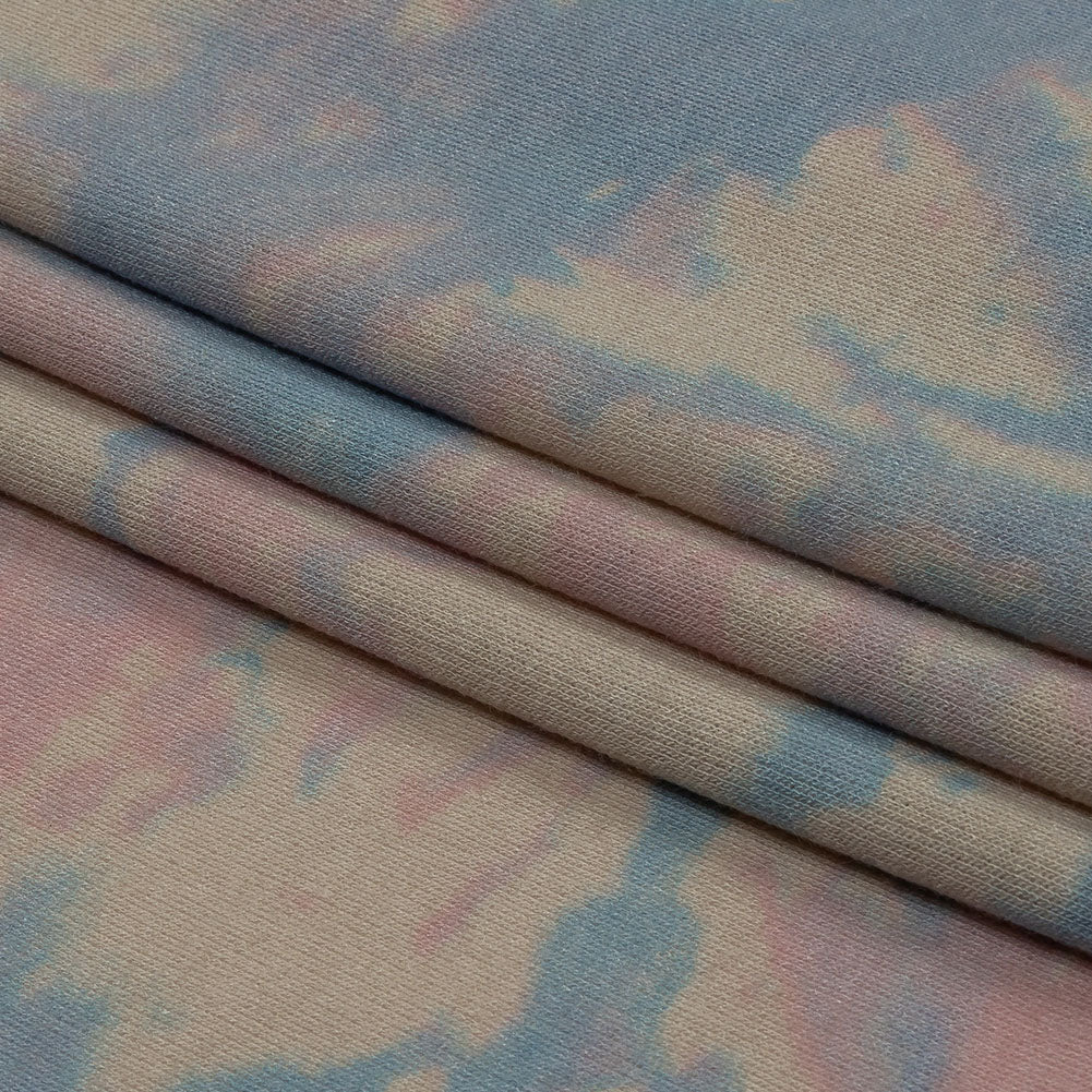 Beige, Blue and Pink Tie Dye Stretch Polyester and Rayon French Terry Folded