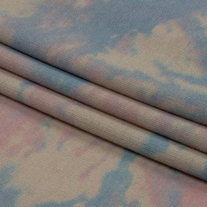 Beige, Blue and Pink Tie Dye Stretch Polyester and Rayon French Terry Folded