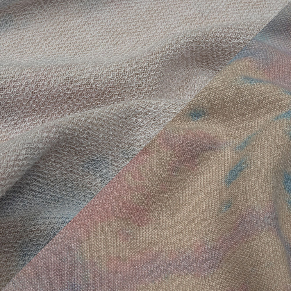 Beige, Blue and Pink Tie Dye Stretch Polyester and Rayon French Terry Detail