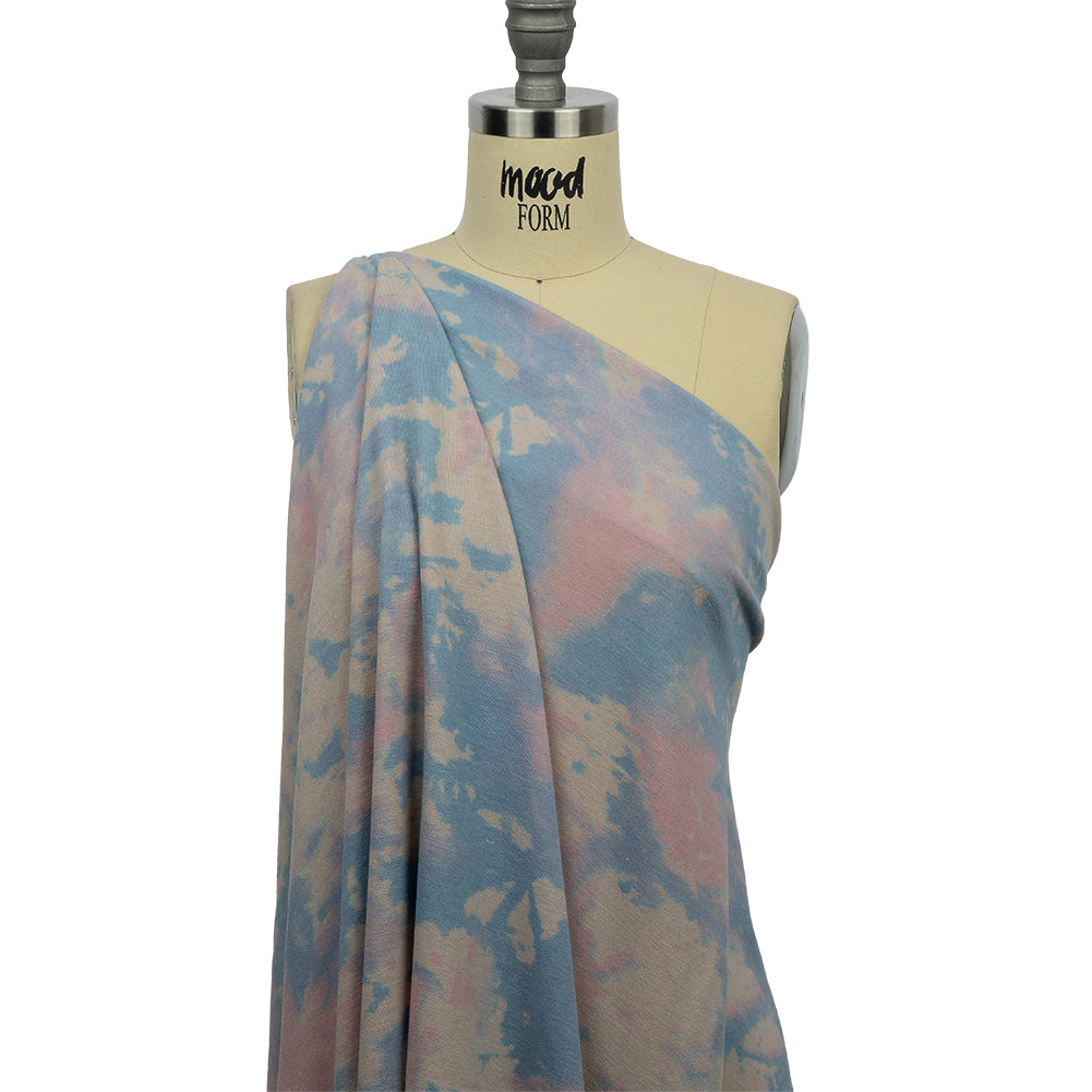 Beige, Blue and Pink Tie Dye Stretch Polyester and Rayon French Terry Drape