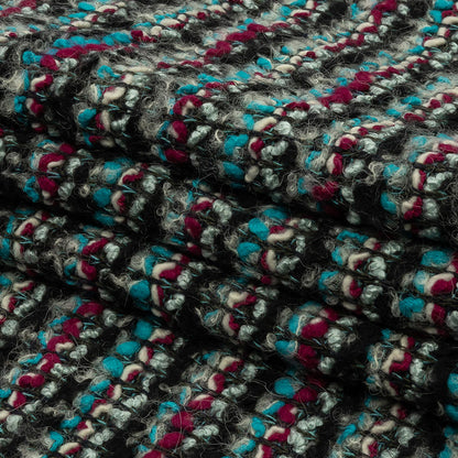Charcoal, Magenta and Turquoise Striped Boucle Chunky Wool Sweater Knit Folded