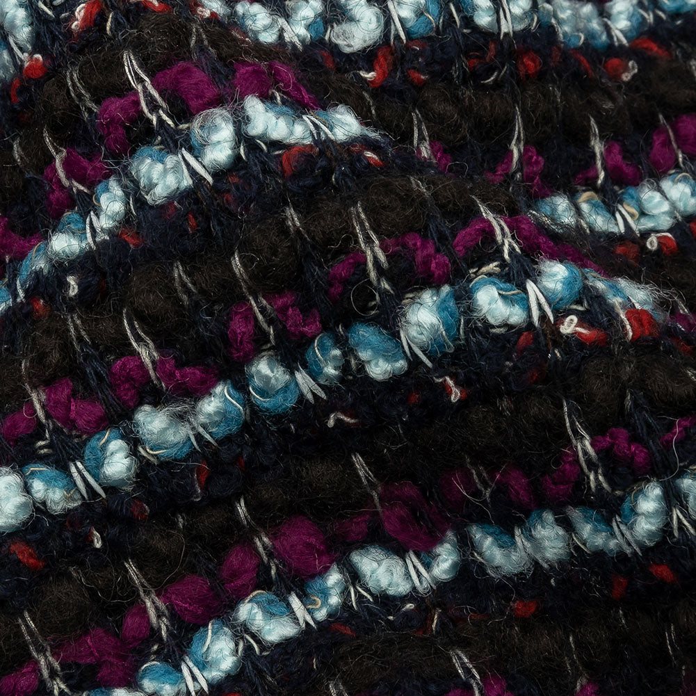 Navy, Sky Blue and Red Violet Striped Boucle Chunky Wool Sweater Knit Detail