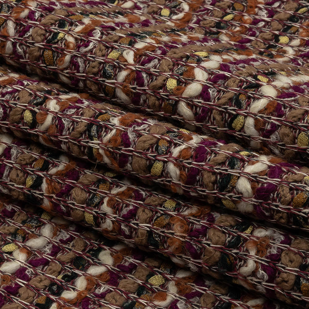 Magenta, Beige and Burnt Orange Striped Chunky Wool Blend Boucle Sweater Knit Folded