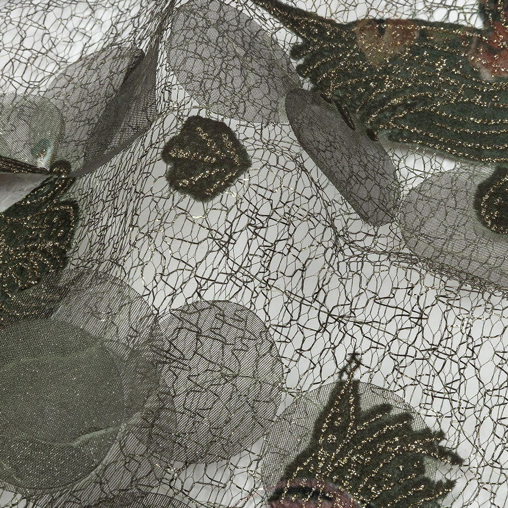 Olive, Purple and Gold Flowers and Leaves Printed Metallic Webbing with Organza Circle Appliques