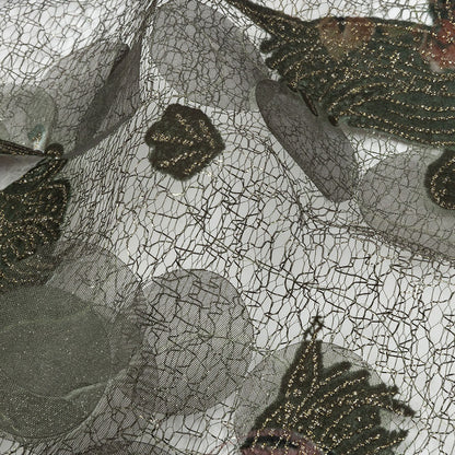 Olive, Purple and Gold Flowers and Leaves Printed Metallic Webbing with Organza Circle Appliques