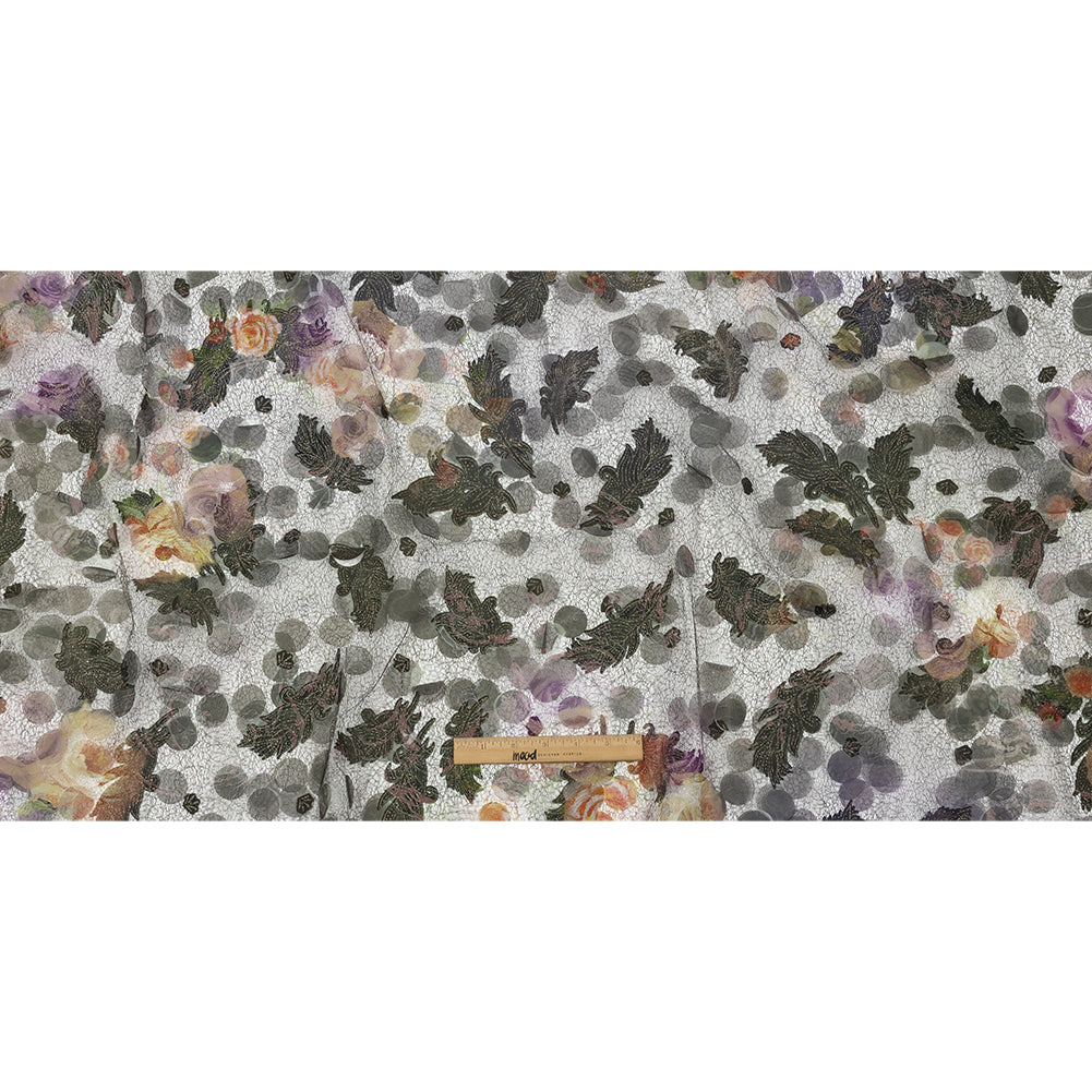Olive, Purple and Gold Flowers and Leaves Printed Metallic Webbing with Organza Circle Appliques
