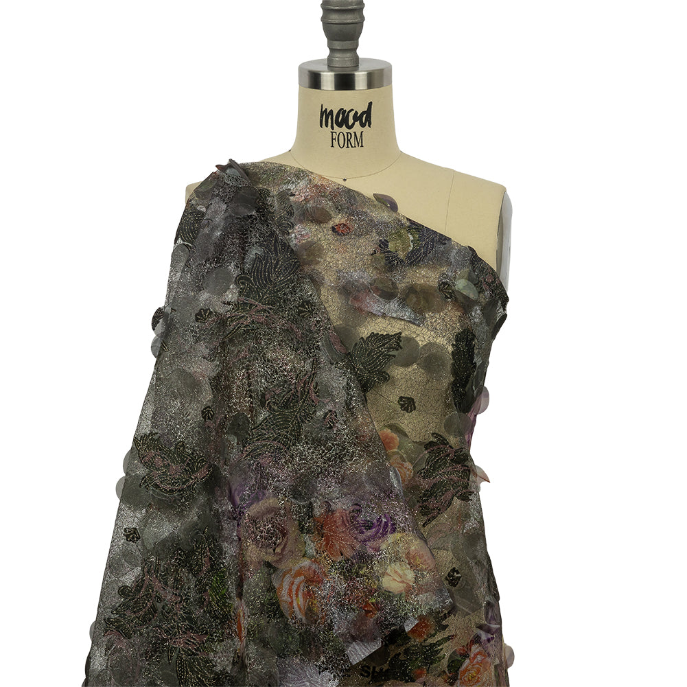 Olive, Purple and Gold Flowers and Leaves Printed Metallic Webbing with Organza Circle Appliques