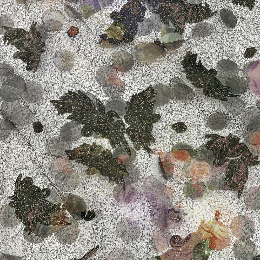 Olive, Purple and Gold Flowers and Leaves Printed Metallic Webbing with Organza Circle Appliques