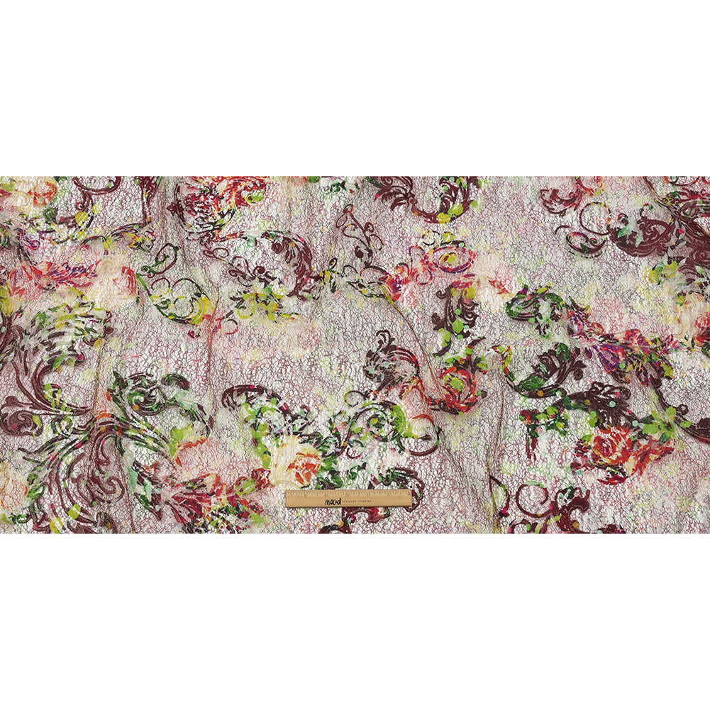 Green and Magenta Rose Garden Printed Metallic Webbing