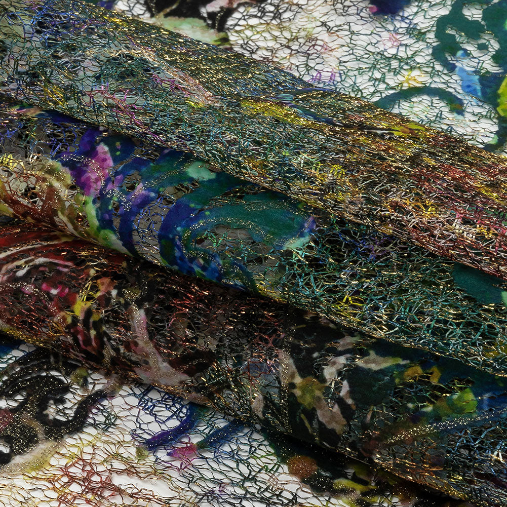 Teal and Maroon Rose Garden Printed Metallic Webbing