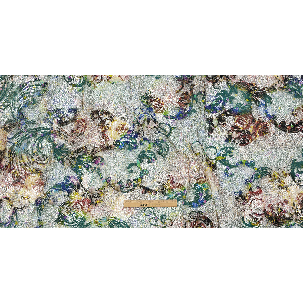 Teal and Maroon Rose Garden Printed Metallic Webbing