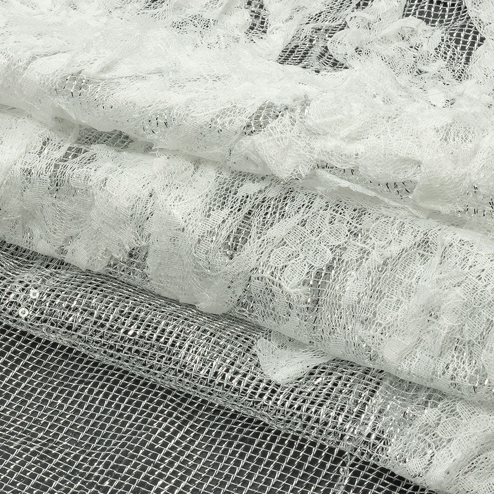 Metallic Silver Mesh with White Leafy VIne 3D Lace Applique