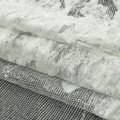 Metallic Silver Mesh with White Leafy VIne 3D Lace Applique