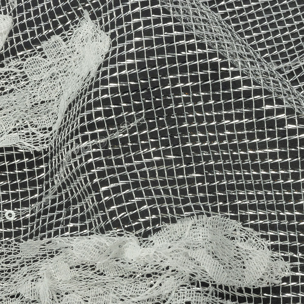 Metallic Silver Mesh with White Leafy VIne 3D Lace Applique