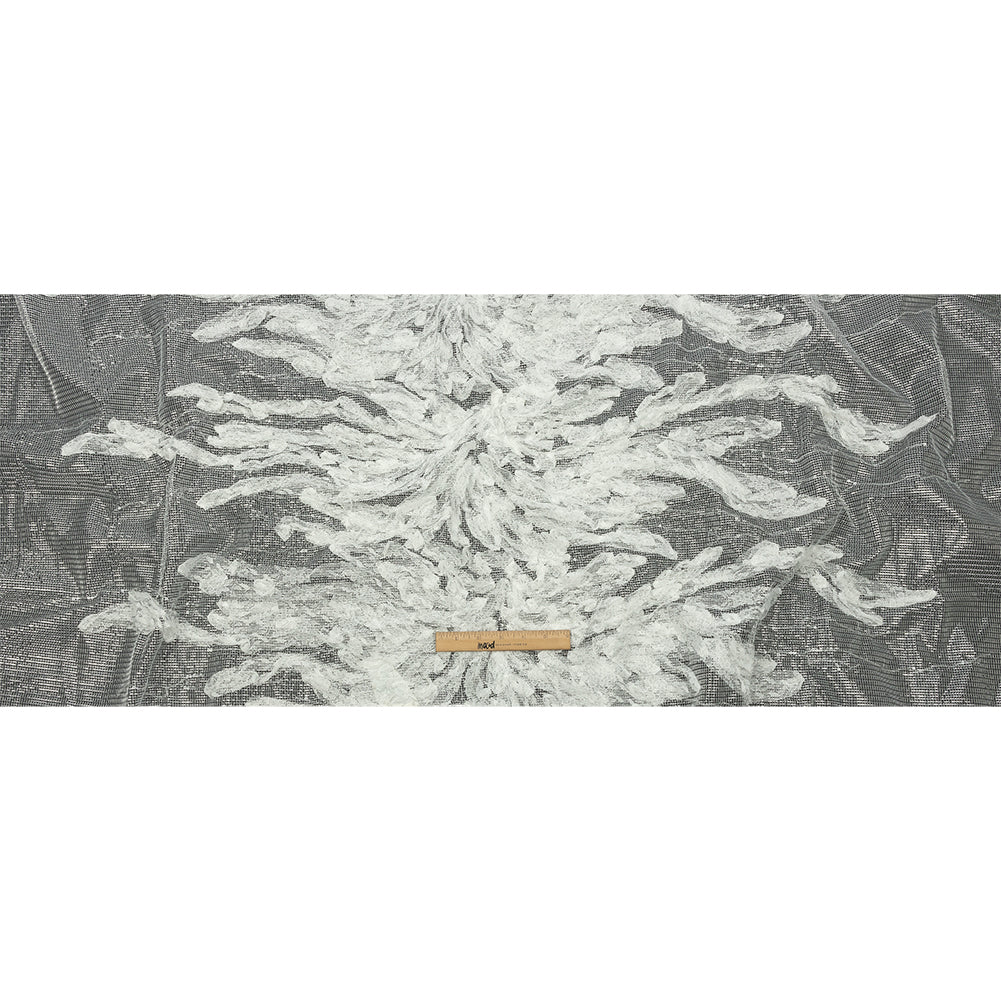 Metallic Silver Mesh with White Leafy VIne 3D Lace Applique