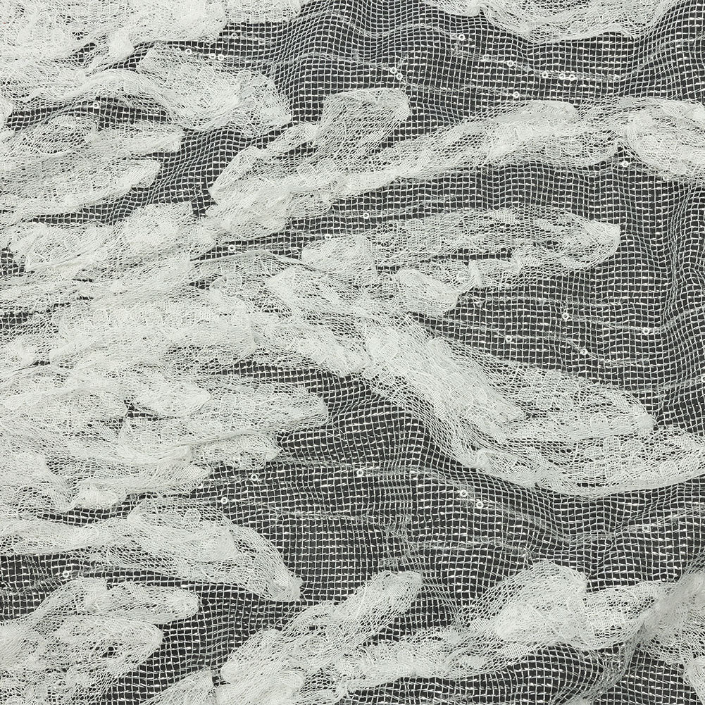 Metallic Silver Mesh with White Leafy VIne 3D Lace Applique
