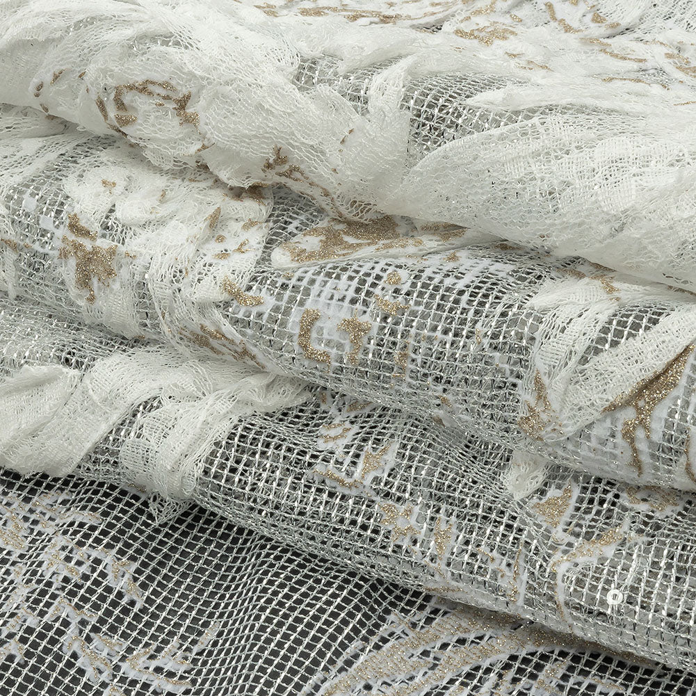 Metallic Silver Mesh with White Leafy VIne 3D Lace Applique and Gold Glitter - Folded