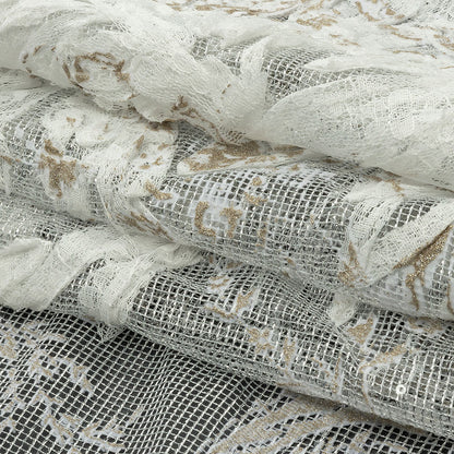 Metallic Silver Mesh with White Leafy VIne 3D Lace Applique and Gold Glitter