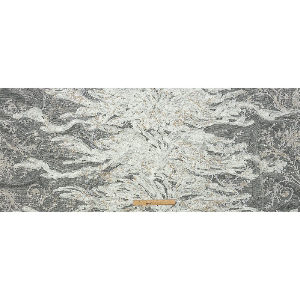 Metallic Silver Mesh with White Leafy VIne 3D Lace Applique and Gold Glitter - Full
