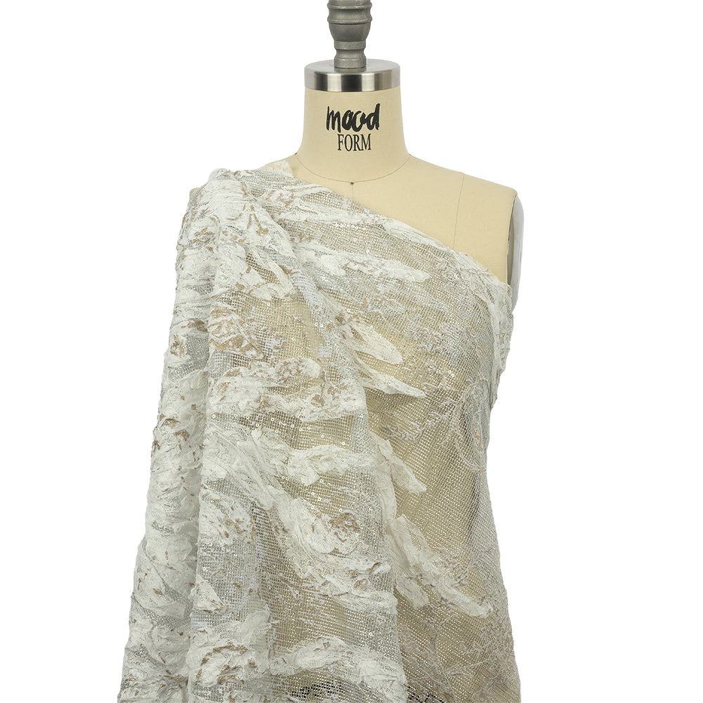 Metallic Silver Mesh with White Leafy VIne 3D Lace Applique and Gold Glitter - Drape