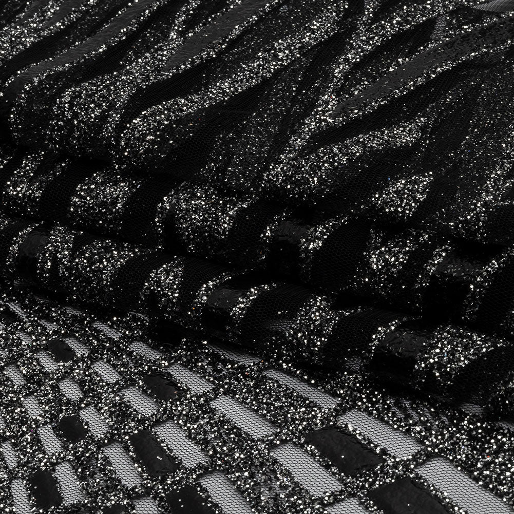 Geometric Feathers Glitter Tulle - Black and Silver - Folded