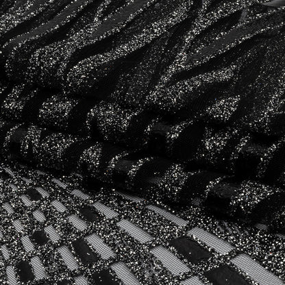 Geometric Feathers Glitter Tulle - Black and Silver