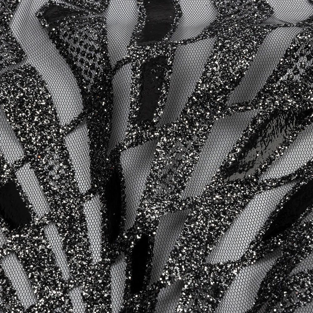 Geometric Feathers Glitter Tulle - Black and Silver - Detail