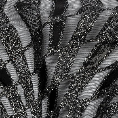 Geometric Feathers Glitter Tulle - Black and Silver
