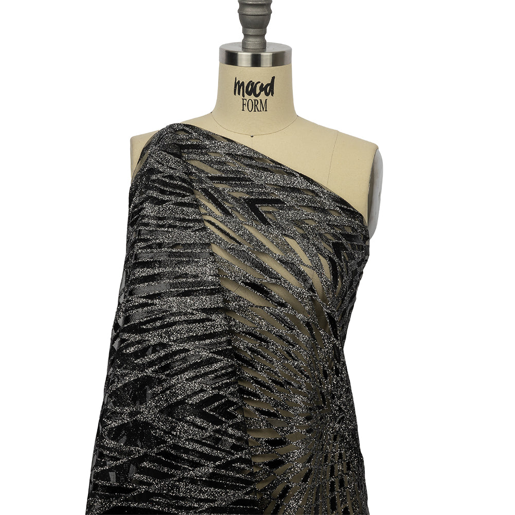 Geometric Feathers Glitter Tulle - Black and Silver - Drape