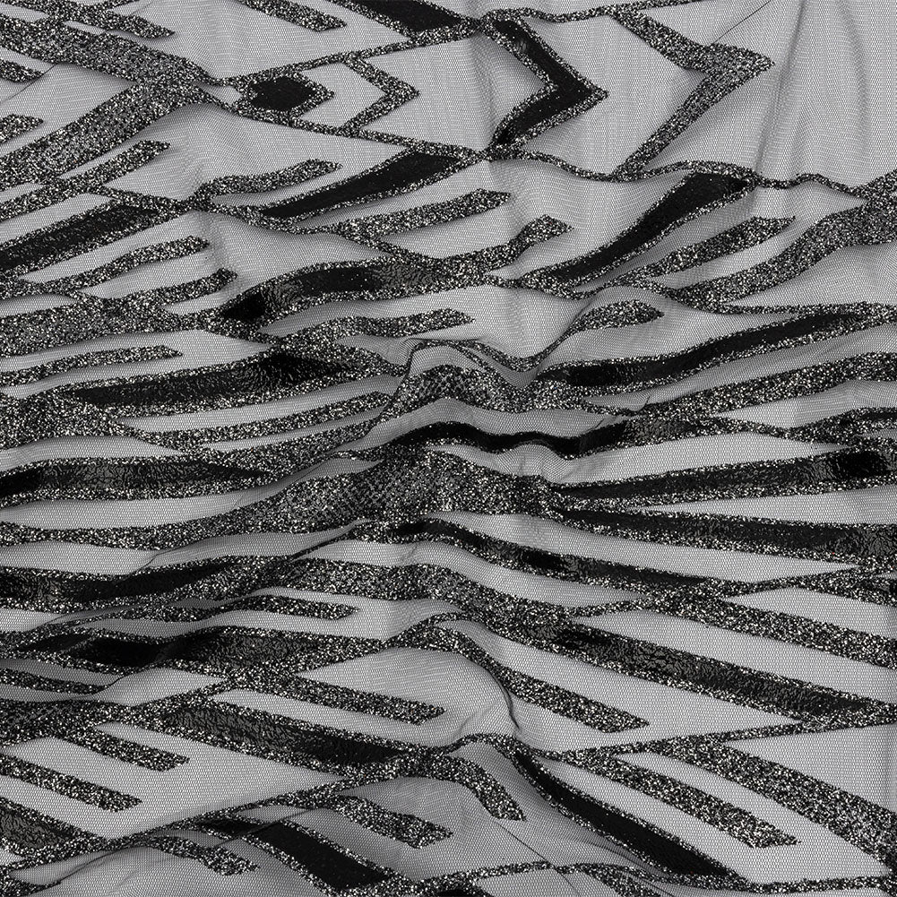 Geometric Feathers Glitter Tulle - Black and Silver
