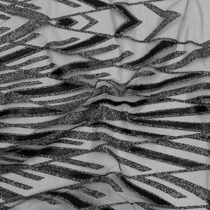 Geometric Feathers Glitter Tulle - Black and Silver