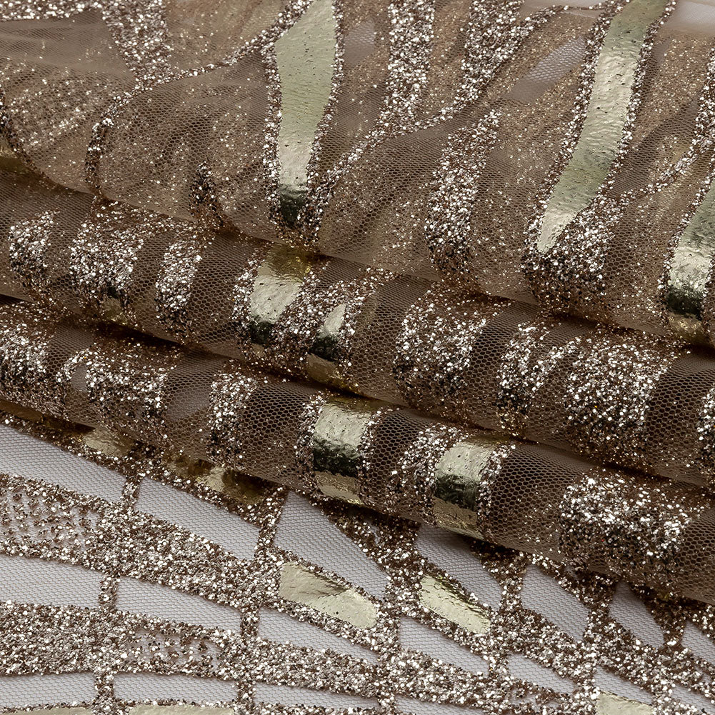 Geometric Feathers Glitter Tulle - Dark Beige and Gold - Folded