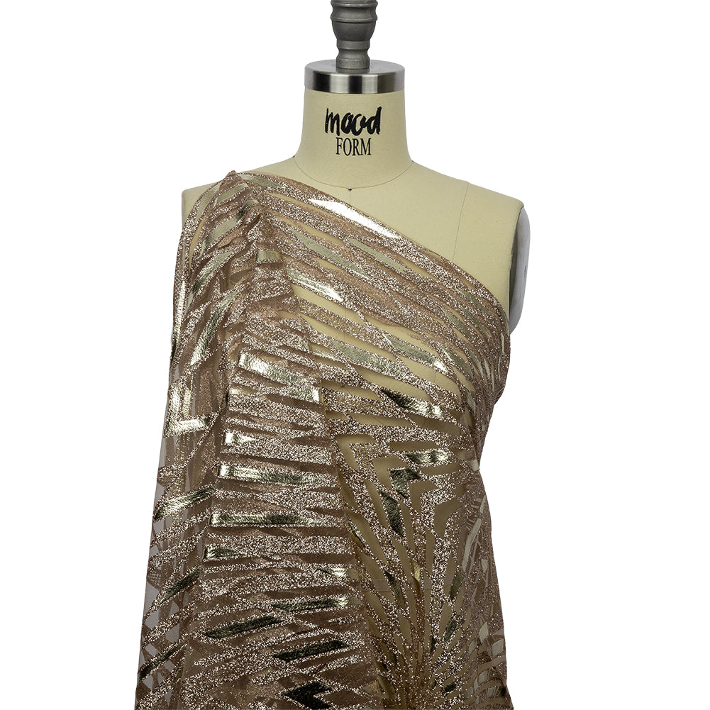 Geometric Feathers Glitter Tulle - Dark Beige and Gold - Drape