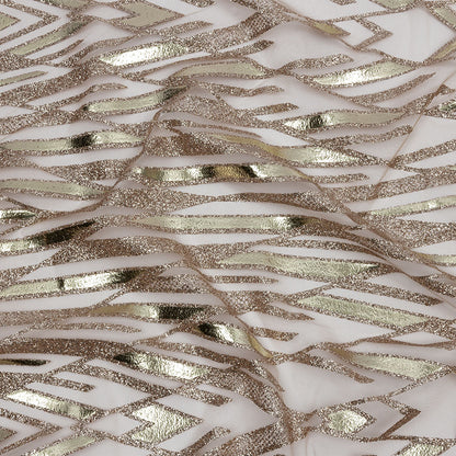 Geometric Feathers Glitter Tulle - Dark Beige and Gold