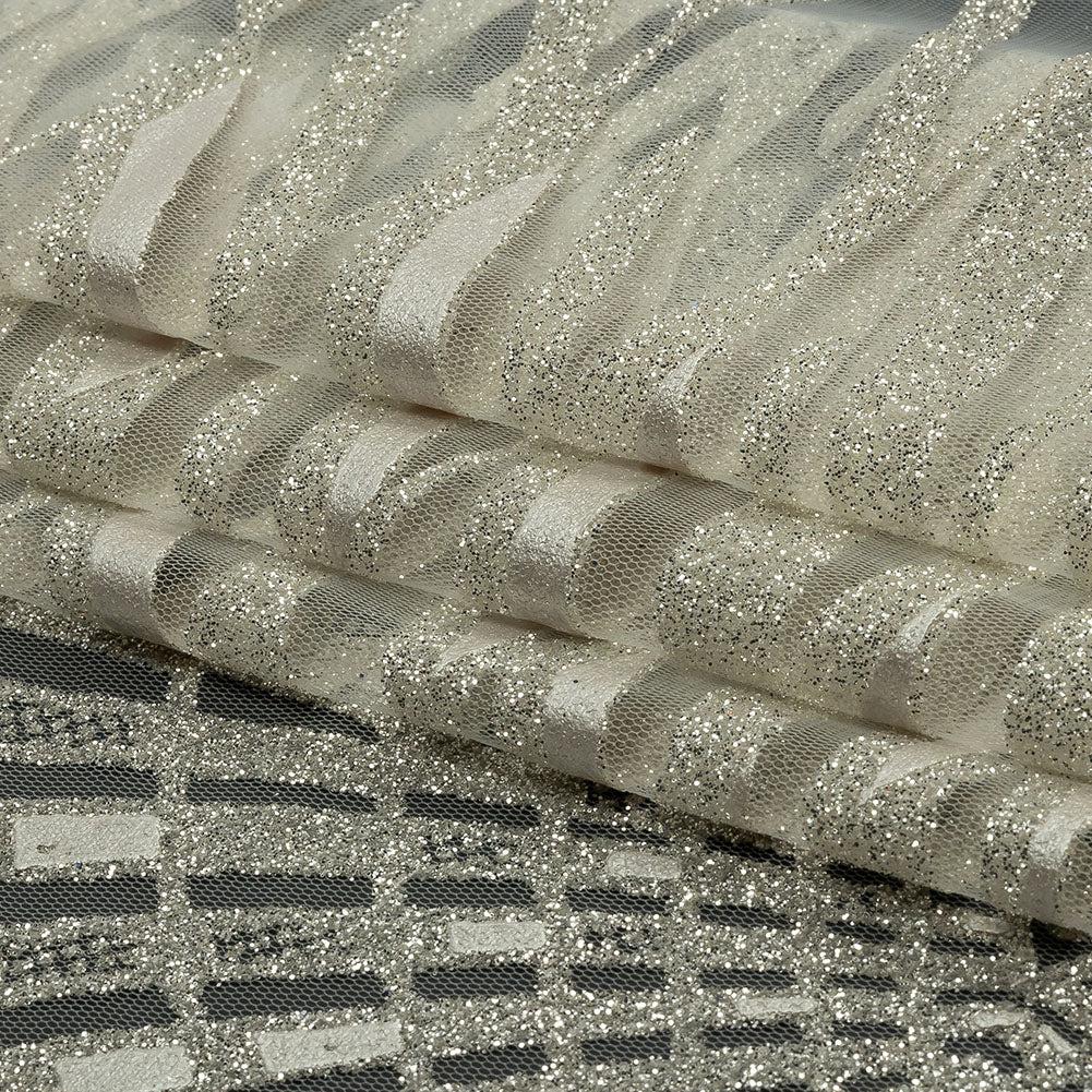 Geometric Feathers Glitter Tulle - Off White and Silver - Folded