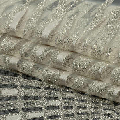 Geometric Feathers Glitter Tulle - Off White and Silver